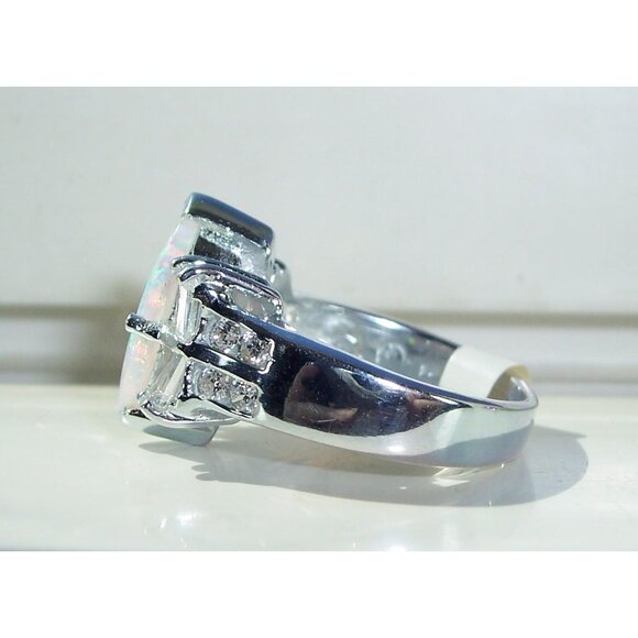 925 STERLING SILVER Marquise Lab Created White Fire Opal & CZ Ring - Picture 9 of 14